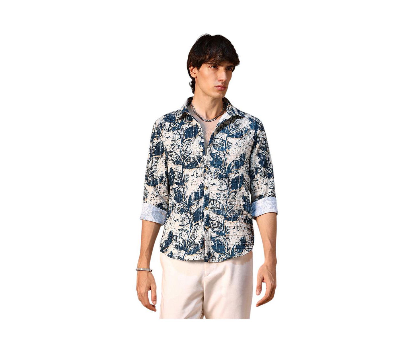 Мужская рубашка Cahoot Campus Sutra Ivory White & Indigo Blue Foliage-Waffle, цвет: Синий — фото 1