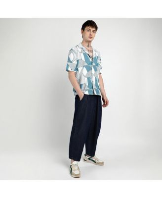 Men's Steel Blue Oversized Geometric Lined Shirt