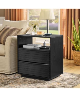Nightstand with Charging Station & Outlet Hole & 2 Solid Wood Drawers