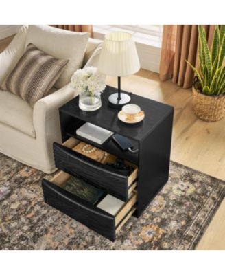 Nightstand with Charging Station & Outlet Hole & 2 Solid Wood Drawers