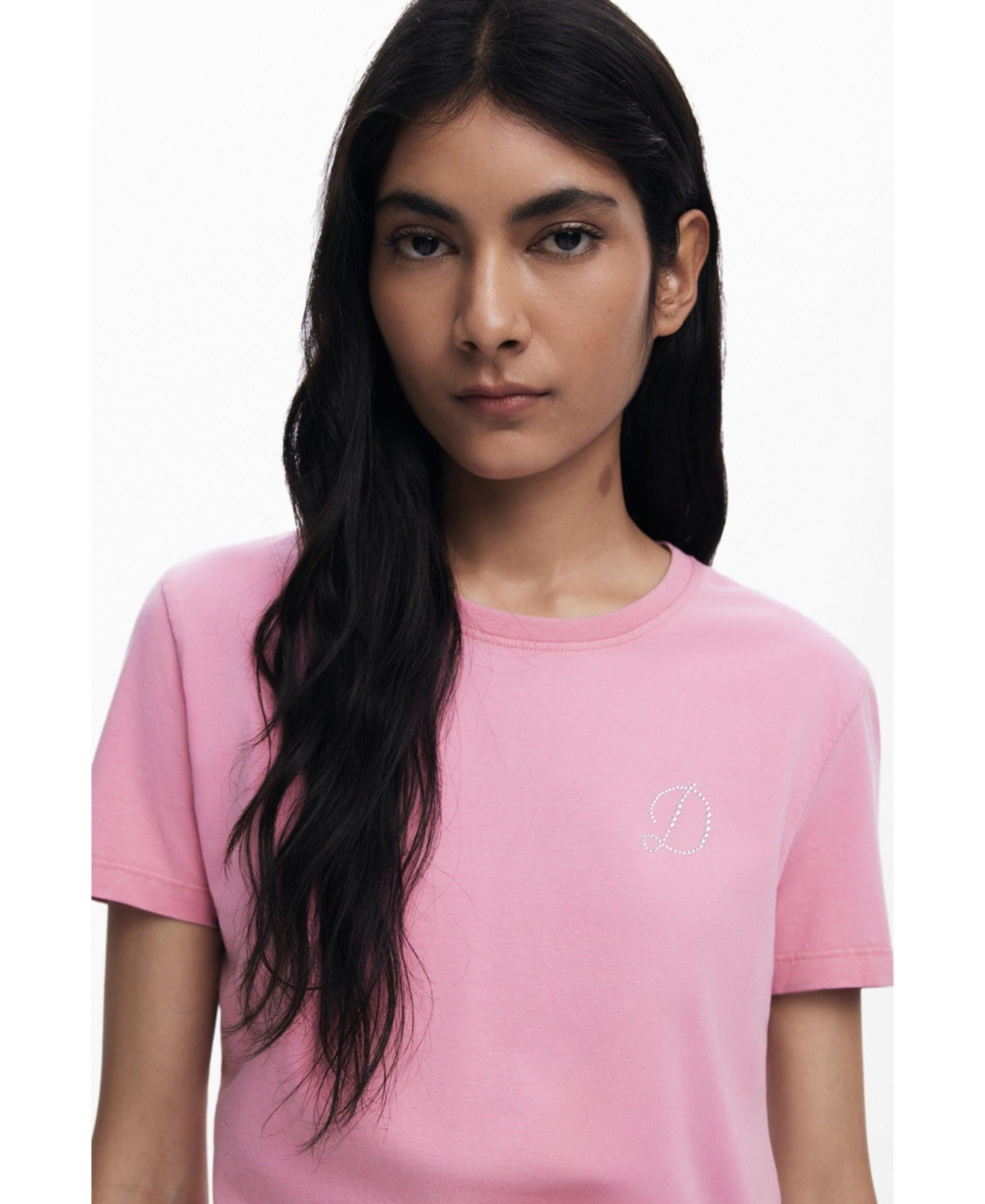 Desigual Rhinestone Embellished Stretch Cotton T-shirt In Purple