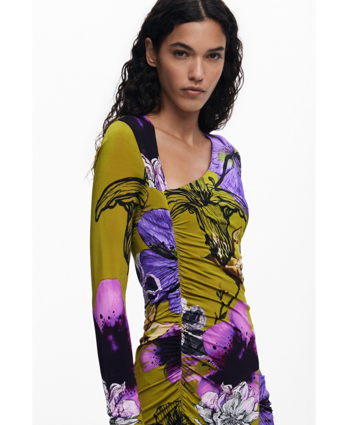 Desigual Floral Print Long Sleeve Midi Dress In Green