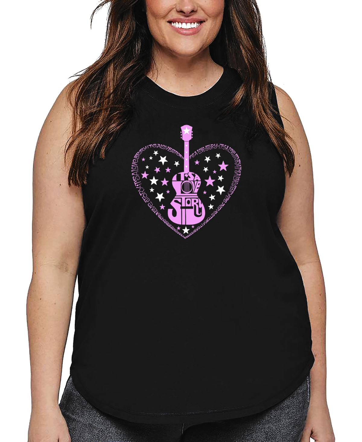 La Pop Art Plus Size It's A Love Story Word Art Tank Top In Black