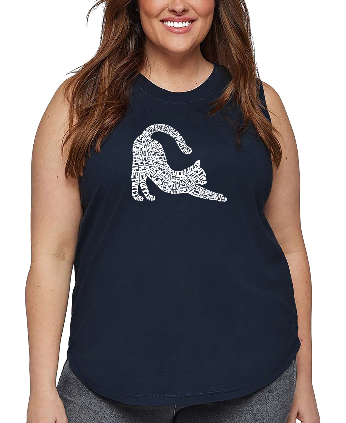 La Pop Art Plus Size Stretching Cat Word Art Tank Top In Blue
