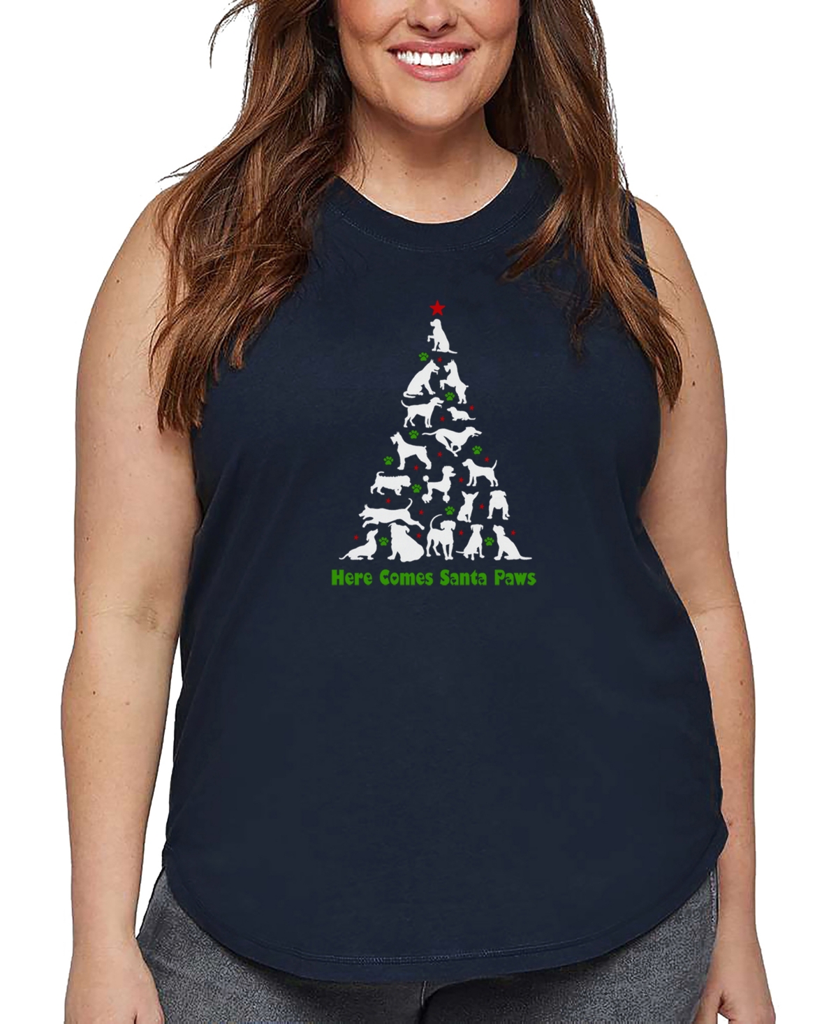 La Pop Art Plus Size Here Comes Santa Paws Word Art Tank Top In Blue