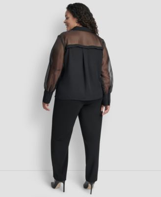 Plus Size Collared Mixed-Media Illusion Blouse