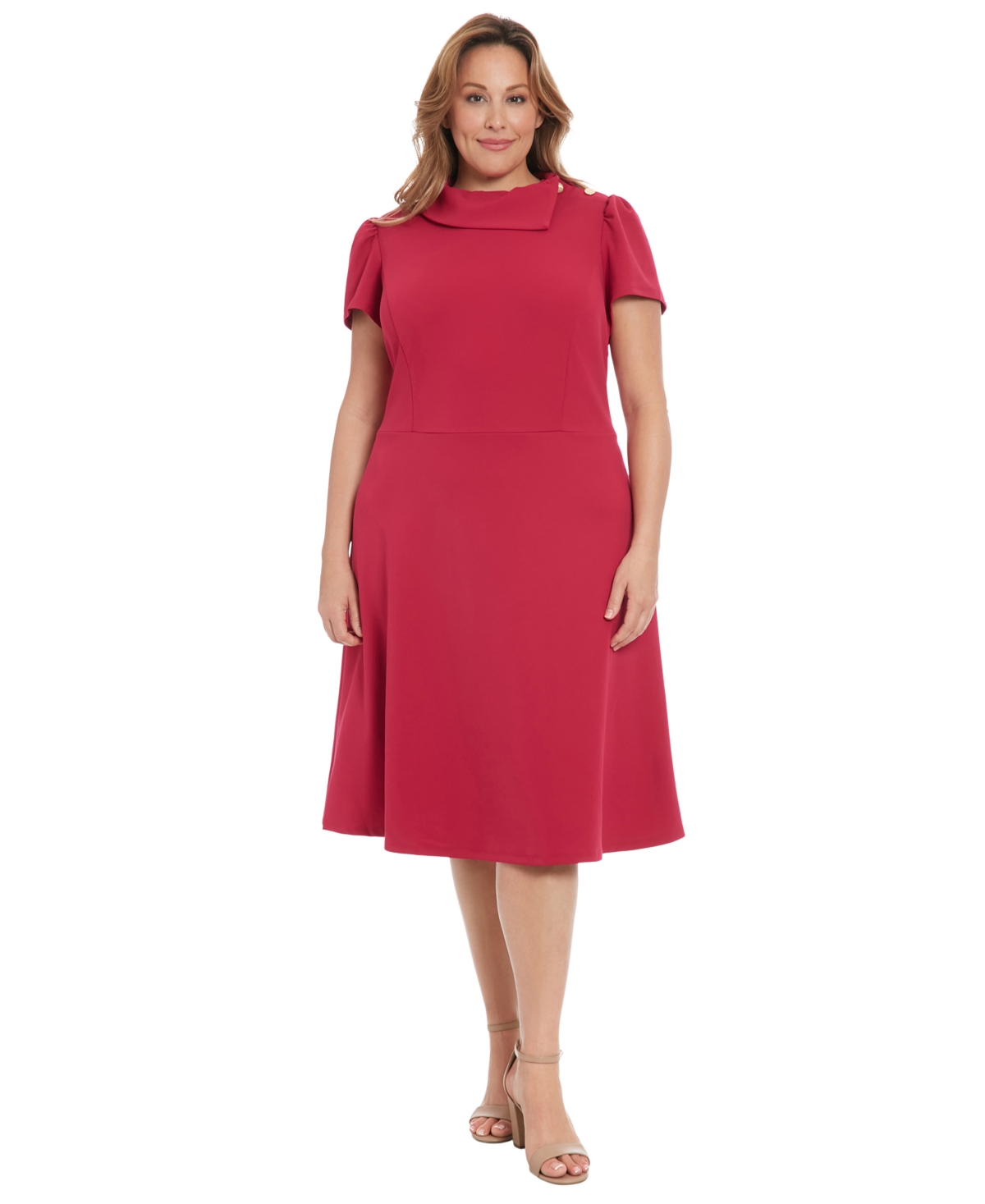 London Times Plus Size Foldover-neck Fit & Flare Dress In Red