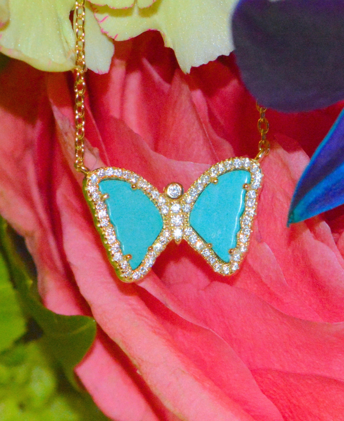 Kamaria Mini Butterfly Necklace With Turquoise In 14k Gold Plated Sterling Silver In Gold