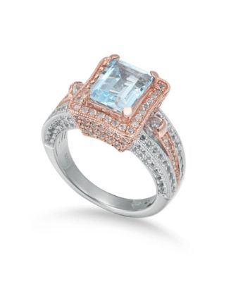 Suzy Levian Two-Tone Sterling Emerald Cut Center Topaz Cocktail Milano Ring