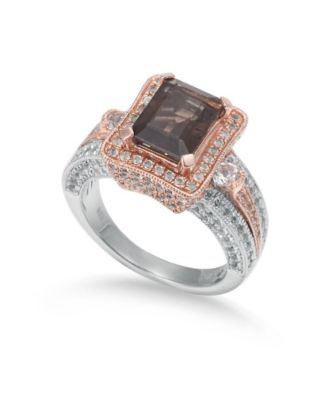 Suzy Levian Two-Tone Sterling Silver Emerald Cut Center Topaz Cocktail Milano Ring - Smoky quartz