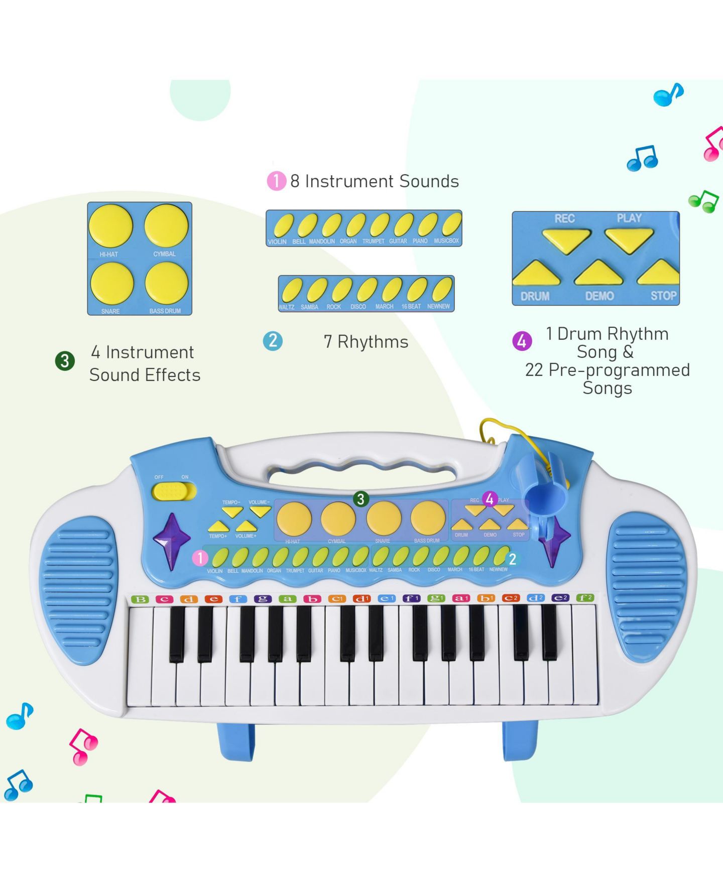 Детская игрушка Qaba Kids Toddler Toy Piano Keyboard w/ Sitting Stool and Working Microphone — фото 3