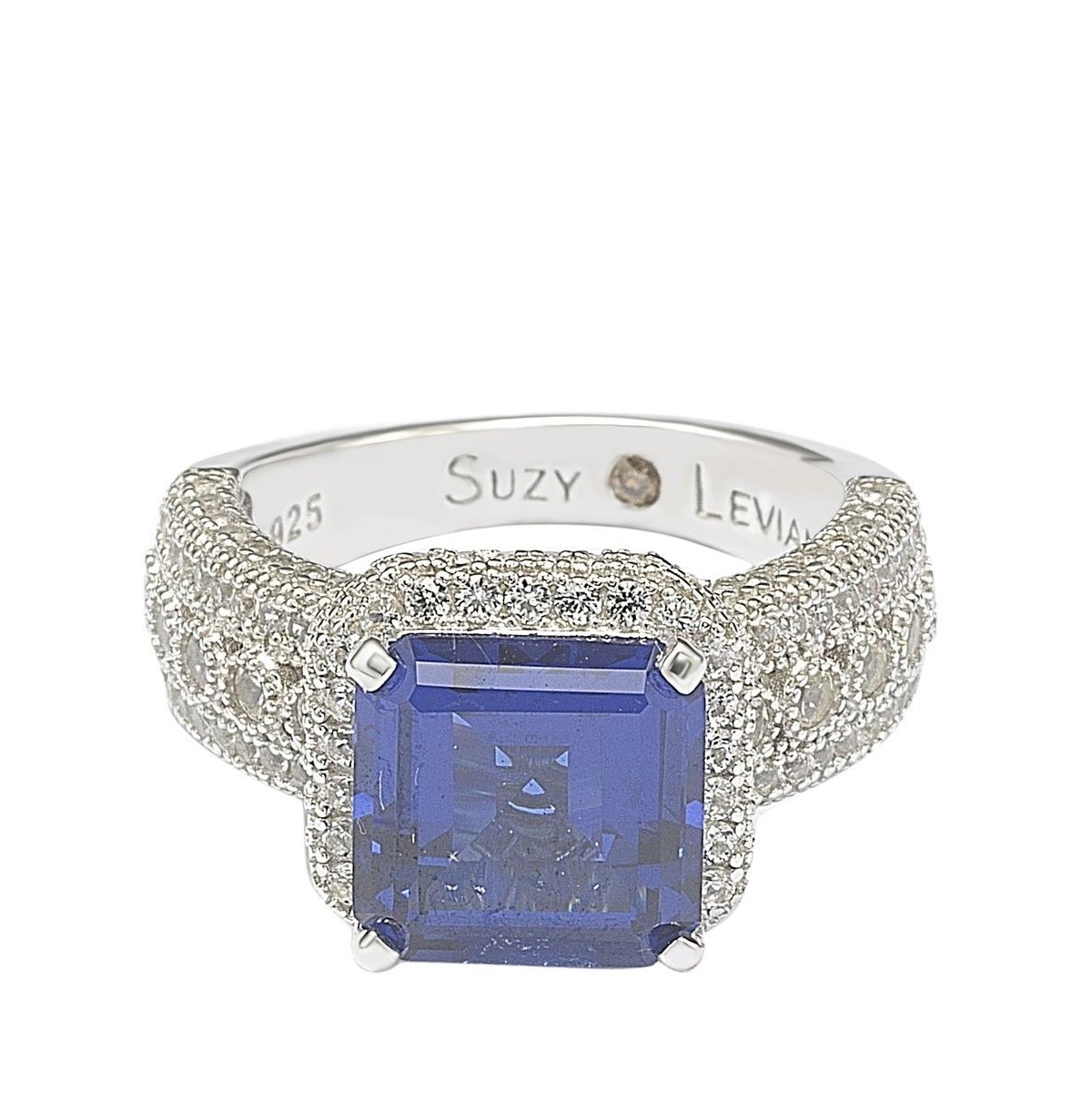 Suzy Levian New York Sterling Silver Sapphire & Created White Sapphire Emerald-Cut Ring