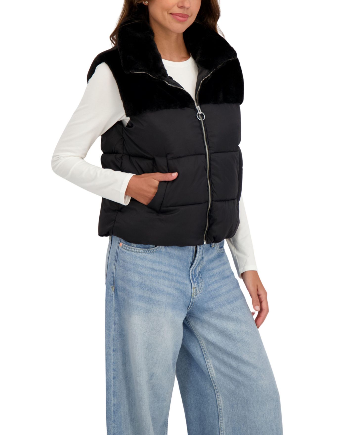 Женский жилет Sebby Collection Short Mix Media Puffer Vest, цвет: Чёрный — фото 3