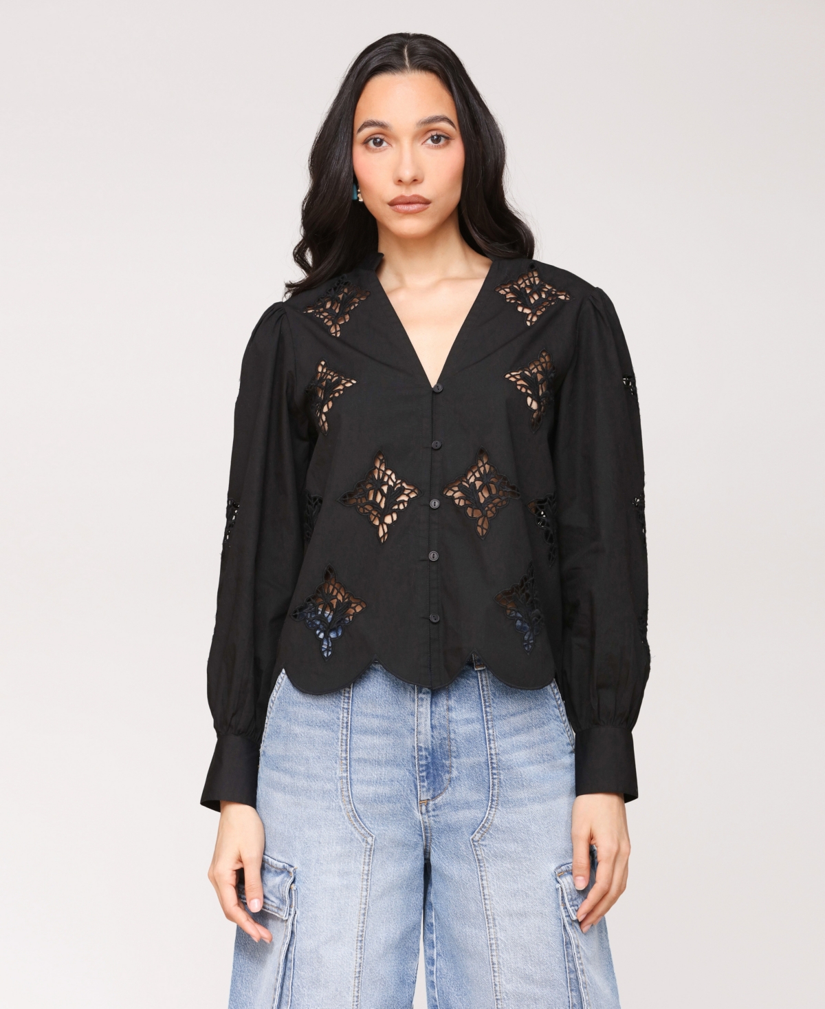 Women's Puff Sleeve Cropped Lace Scallop Button Up Blouse - Black