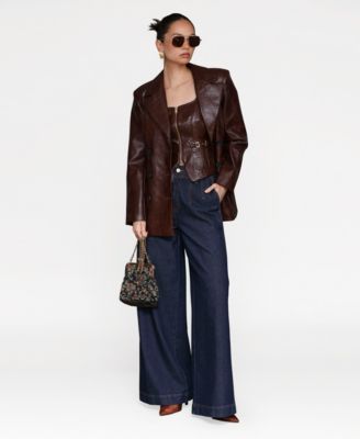 Women's Faux Leather Fitted Button-Front Blazer