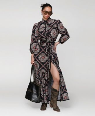 Avec Les Filles - Women's Cotton Belted Puffed-Shoulder Dress