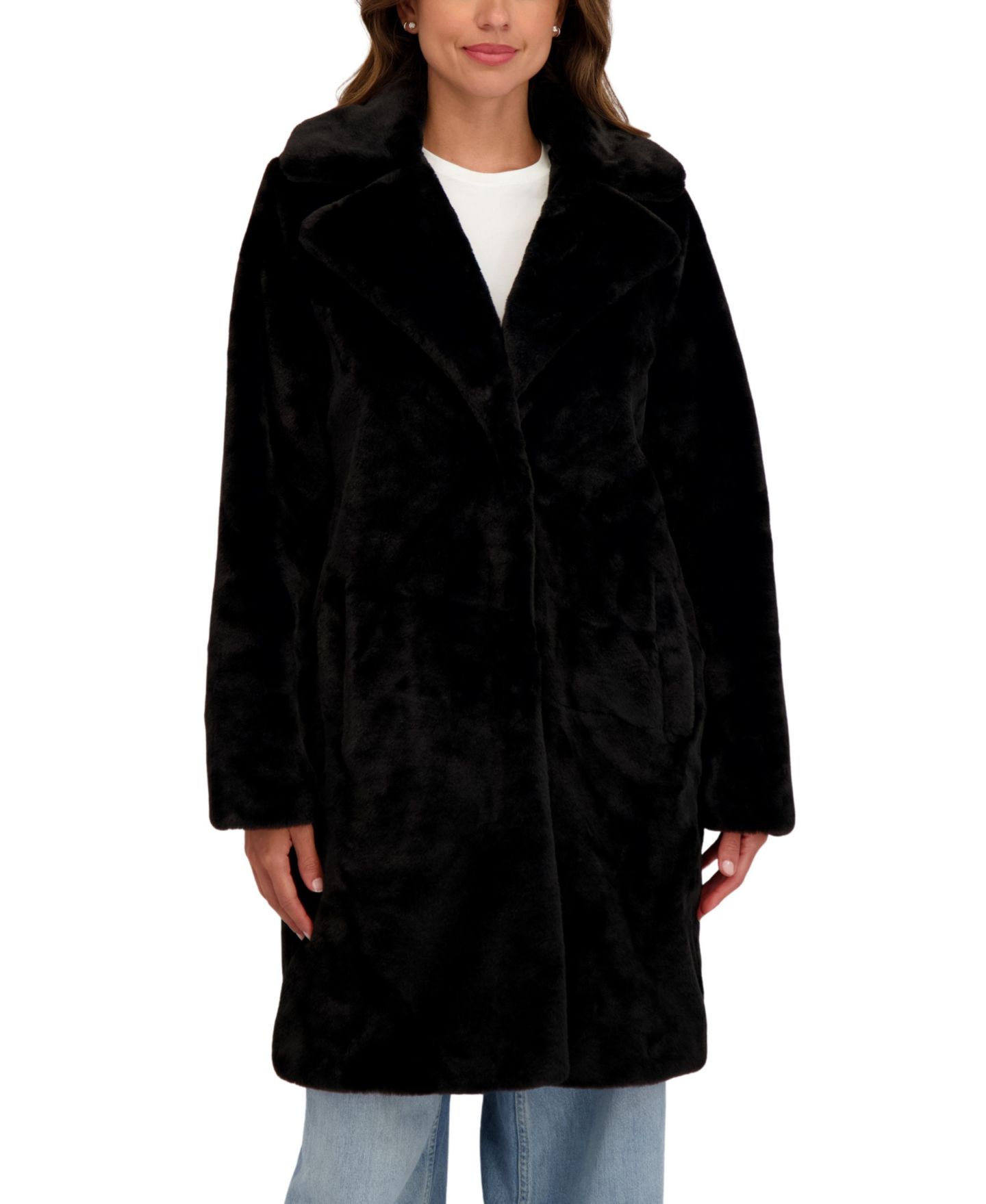 Женское пальто Sebby Collection Faux Fur Notch Collar 3/4 Coat, цвет: Чёрный — фото 1