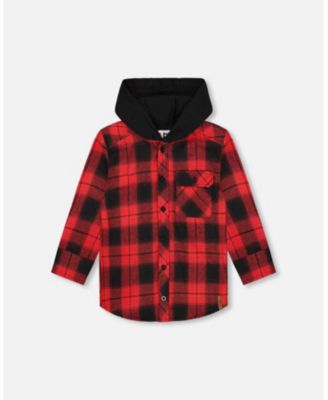 Deux par Deux Boy Plaid Flannel Shirt with Hoodie Red and Black - ToddlerChild - Red black plaid 15$