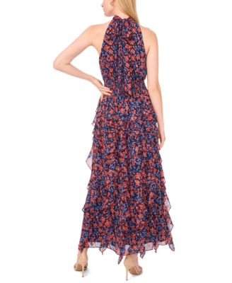 Women's Printed Smocked Cascade-Ruffle Halter Maxi Dress