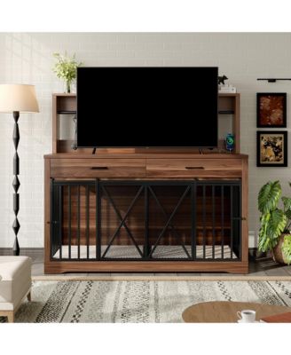 55.1" kitchen Cabinet Dog Crate Cage Table with 2 Storage Drawers and Shelves