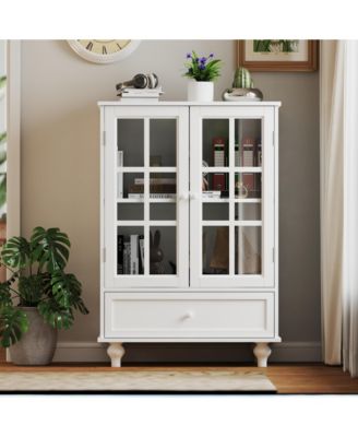 Storage Cabinet with Double Glass Doors and Drawer