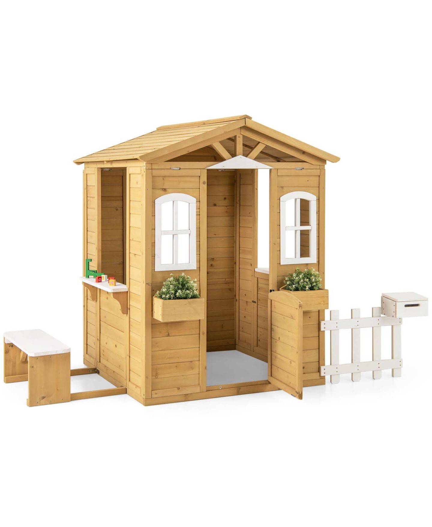 Детская игрушка Mecale Fir Wood Playhouse with Bench and Serving Stations, 80.5"L x 47"W x 55"H, Ages 2+ — фото 1