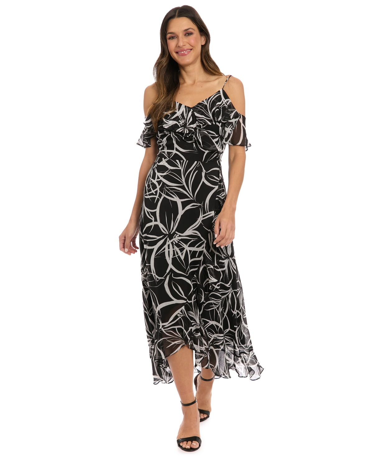 London Times Petite Printed Cold-shoulder Maxi Dress In Black