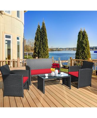 4PCS Rattan Outdoor Conversation Set Patio Furniture Set w/ Red Cushions