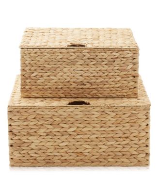 Set of 2 Water Hyacinth Storage Baskets (Medium/Large),  Multipurpose Organizer Rectangular Totes with Removable Lids