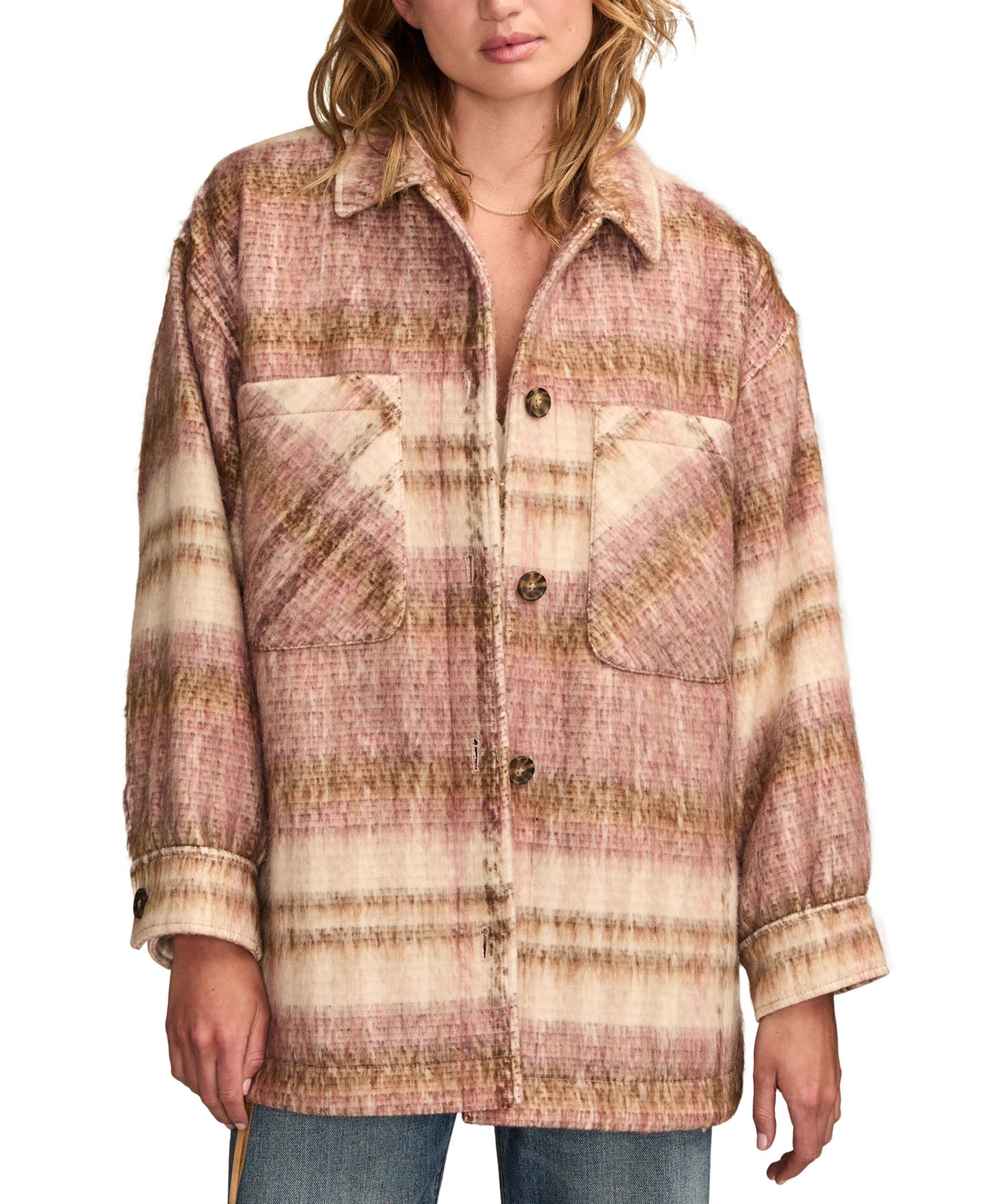 Женская куртка Lucky Brand Oversized Plaid Shirt Jacket, цвет: Розовый клетчатый — фото 1