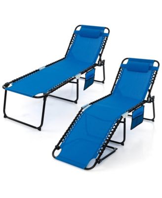 2 PCS Folding Chaise Lounge Portable Lay Flat Reclining Chair w/ 4-Level Backrest Side Pocket