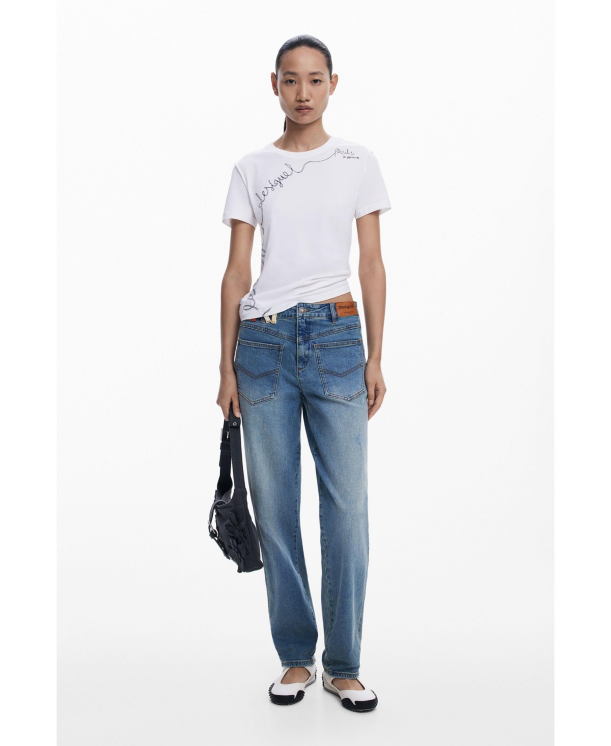 Desigual Embroidered Stretch Cotton T-shirt In White