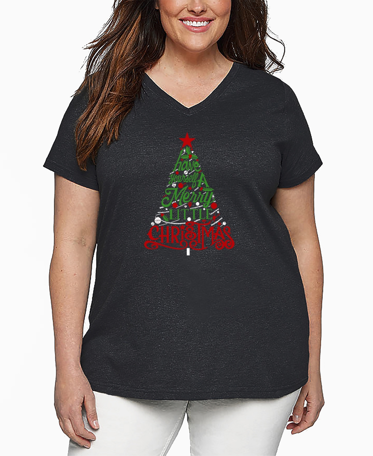 La Pop Art Plus Size Have Yourself A Merry Little Christmas Word Art V-neck T-shirt In Black