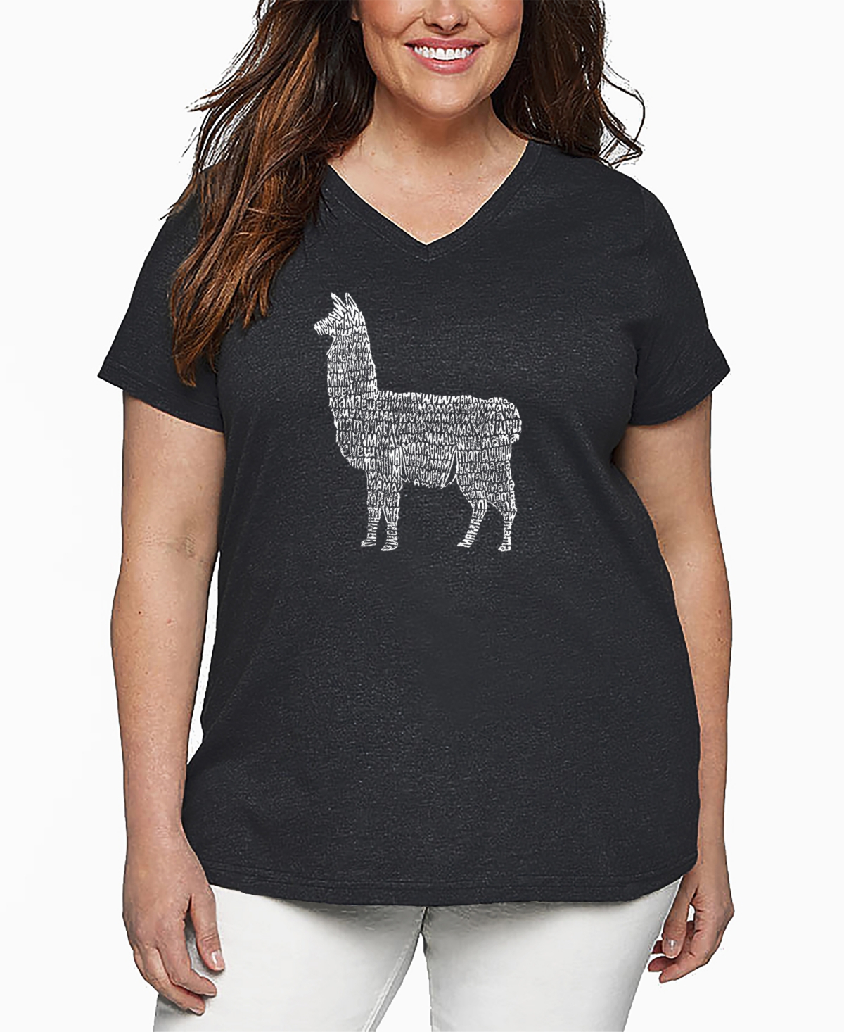 La Pop Art Plus Size Llama Mama Word Art V-neck T-shirt In Gray