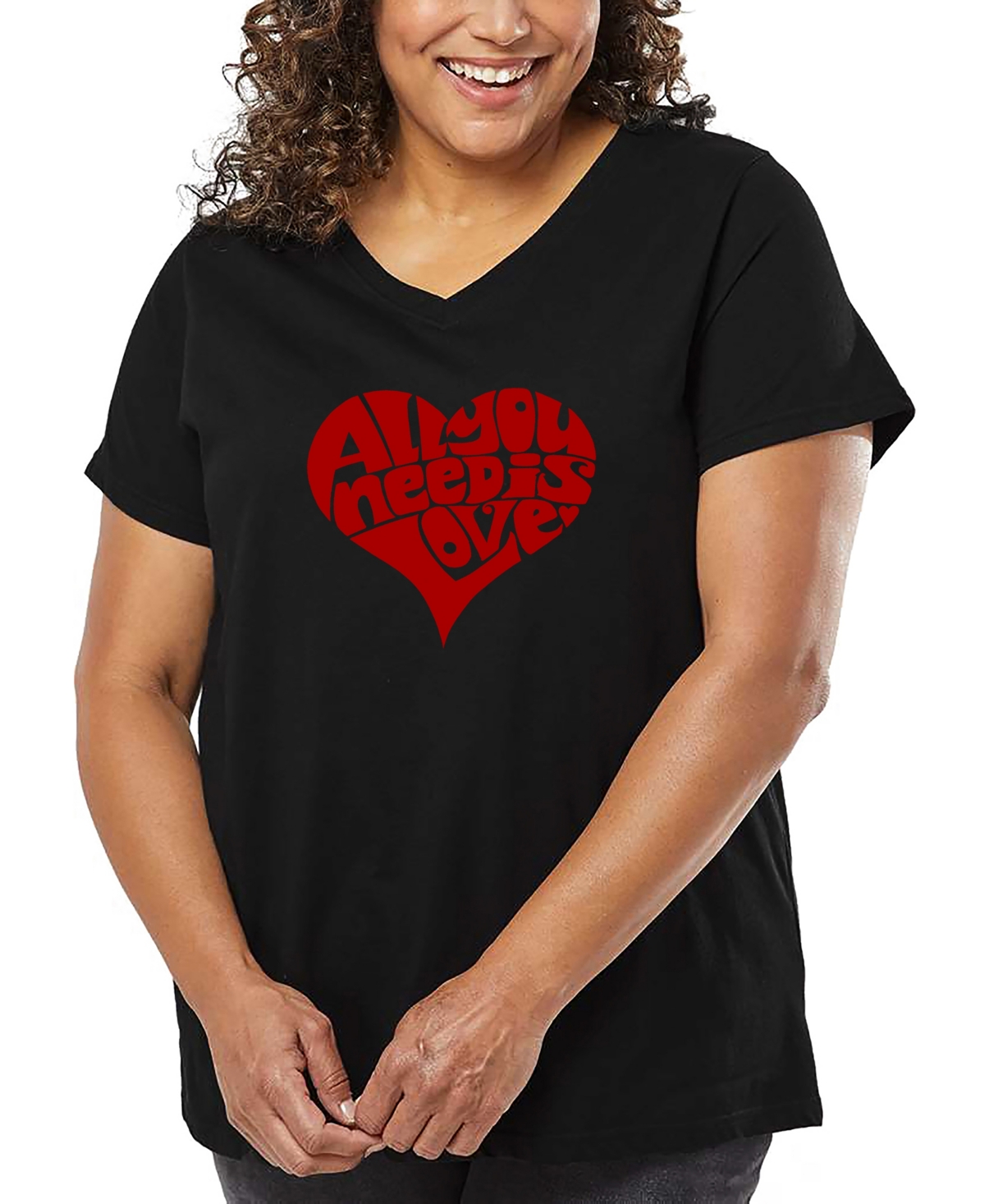 La Pop Art Plus Size All You Need Is Love Word Art V-neck T-shirt In Black