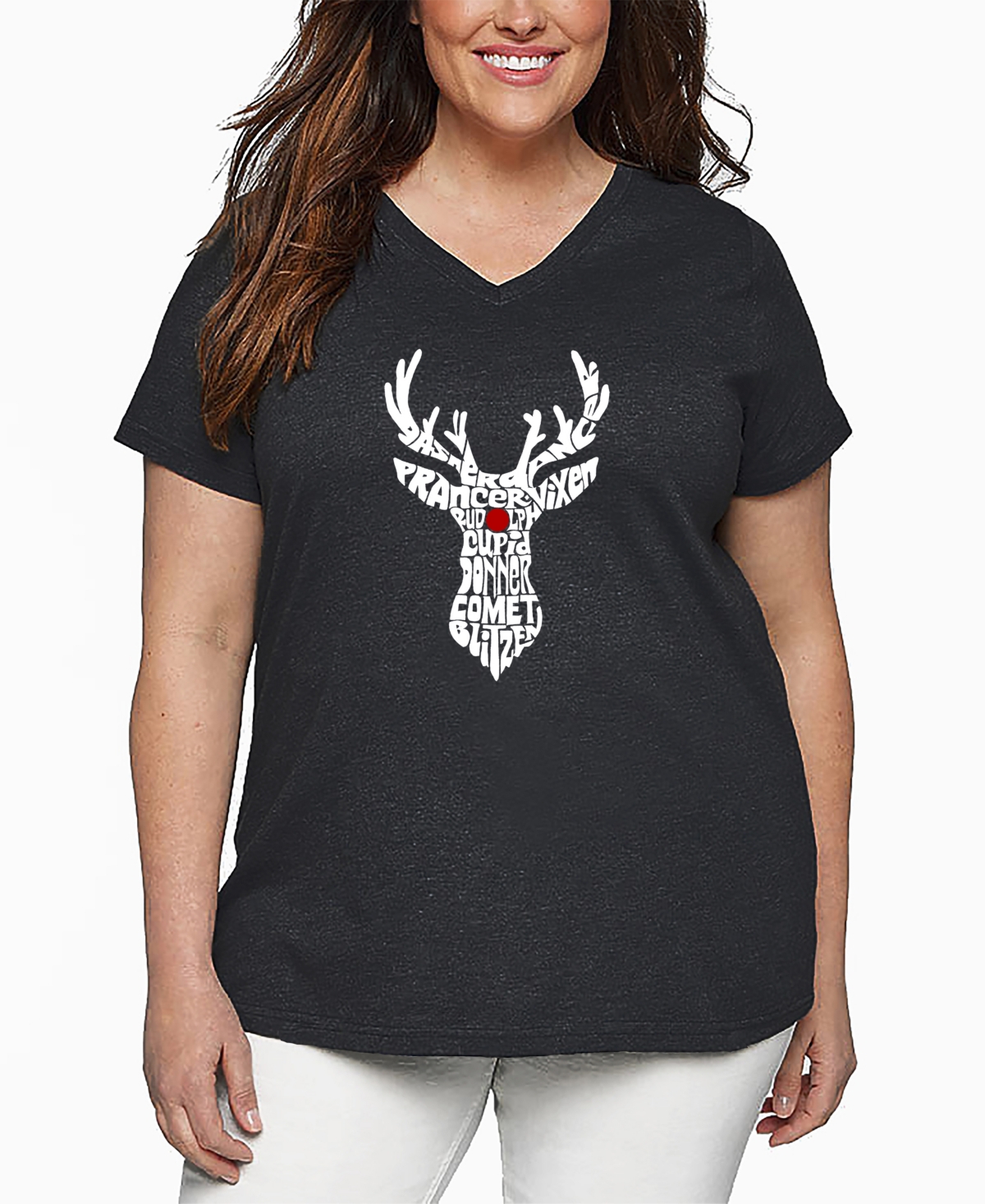 La Pop Art Plus Size Santa's Reindeer Word Art V-neck T-shirt In Gray