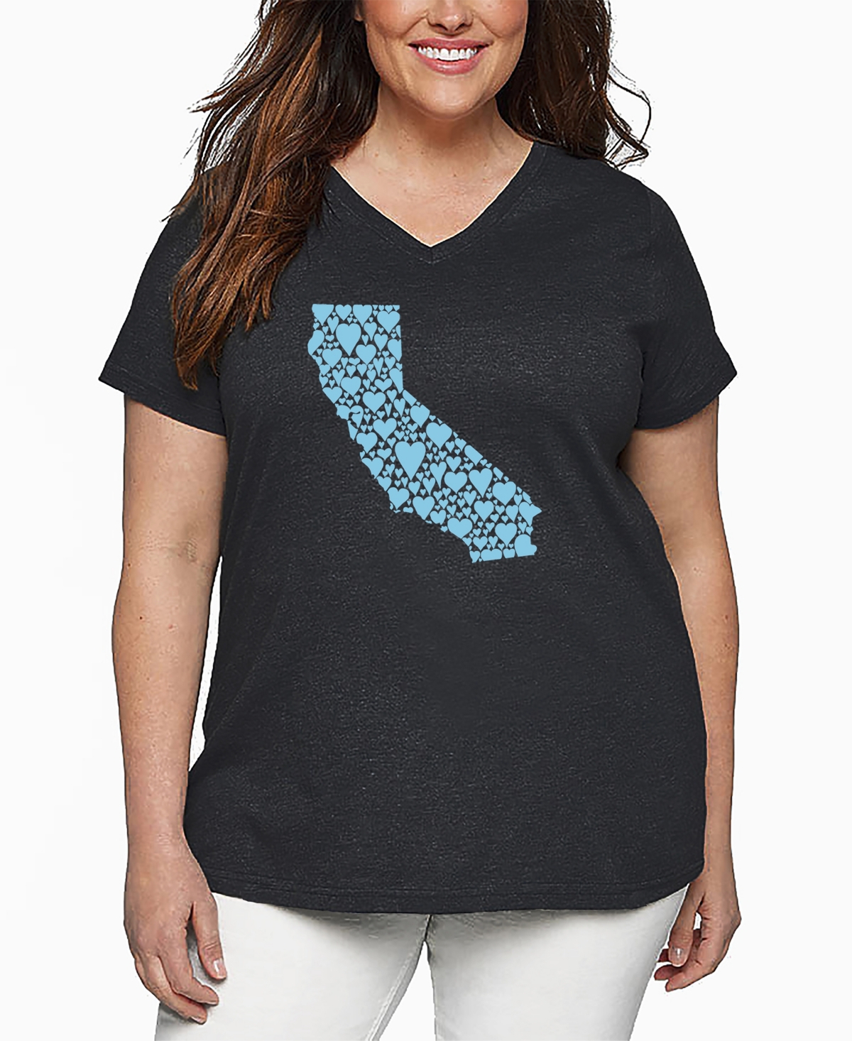 La Pop Art Plus Size California Hearts Word Art V-neck T-shirt In Gray