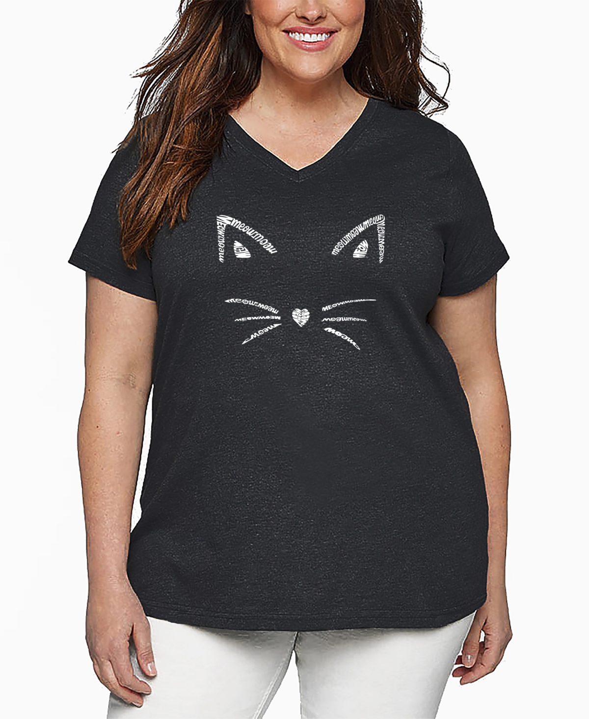 La Pop Art Plus Size Whiskers Word Art V-neck T-shirt In Gray
