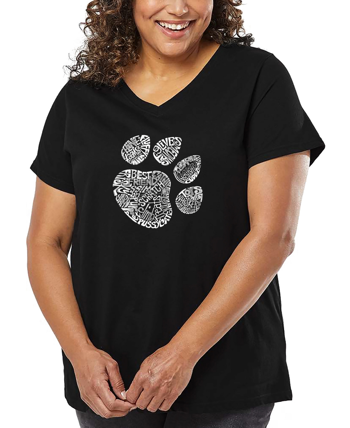 La Pop Art Plus Size Cat Paw Word Art V-neck T-shirt In Black
