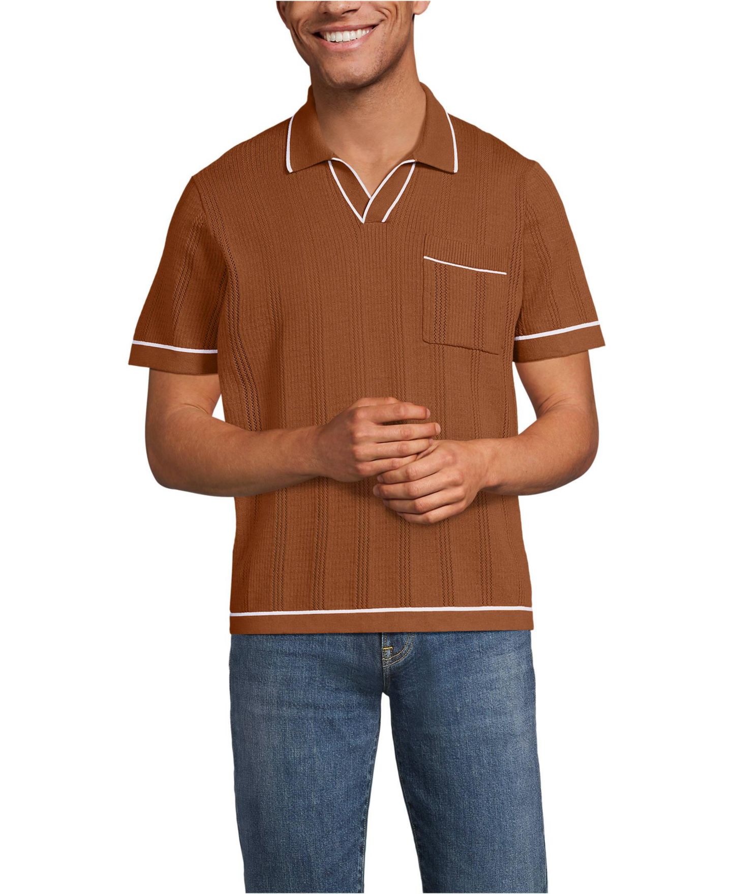 Мужские топы Lands' End Short Sleeve Textured Tipped Sweater Polo, цвет: Имбирный коричневый — фото 1