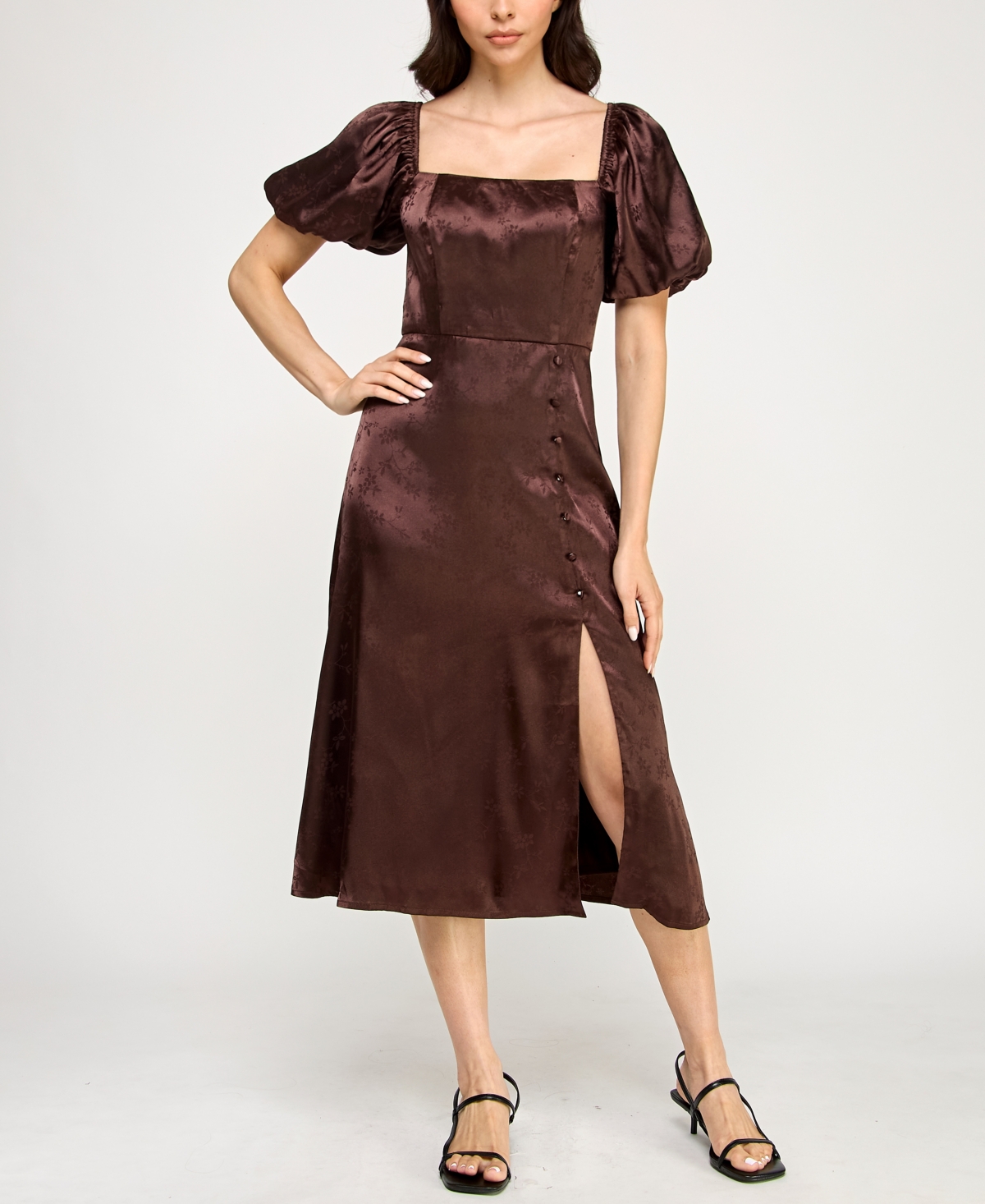 Trixxi Juniors' Puff Sleeve Button Down Midi Dress In Brown