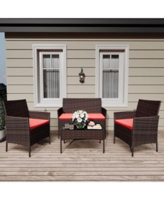 4 Pieces Brown/Red Rattan Outdoor Patio Furniture Set with Upholstered Sofa, 2 Chairs & Coffee Table for Backyard & Porch