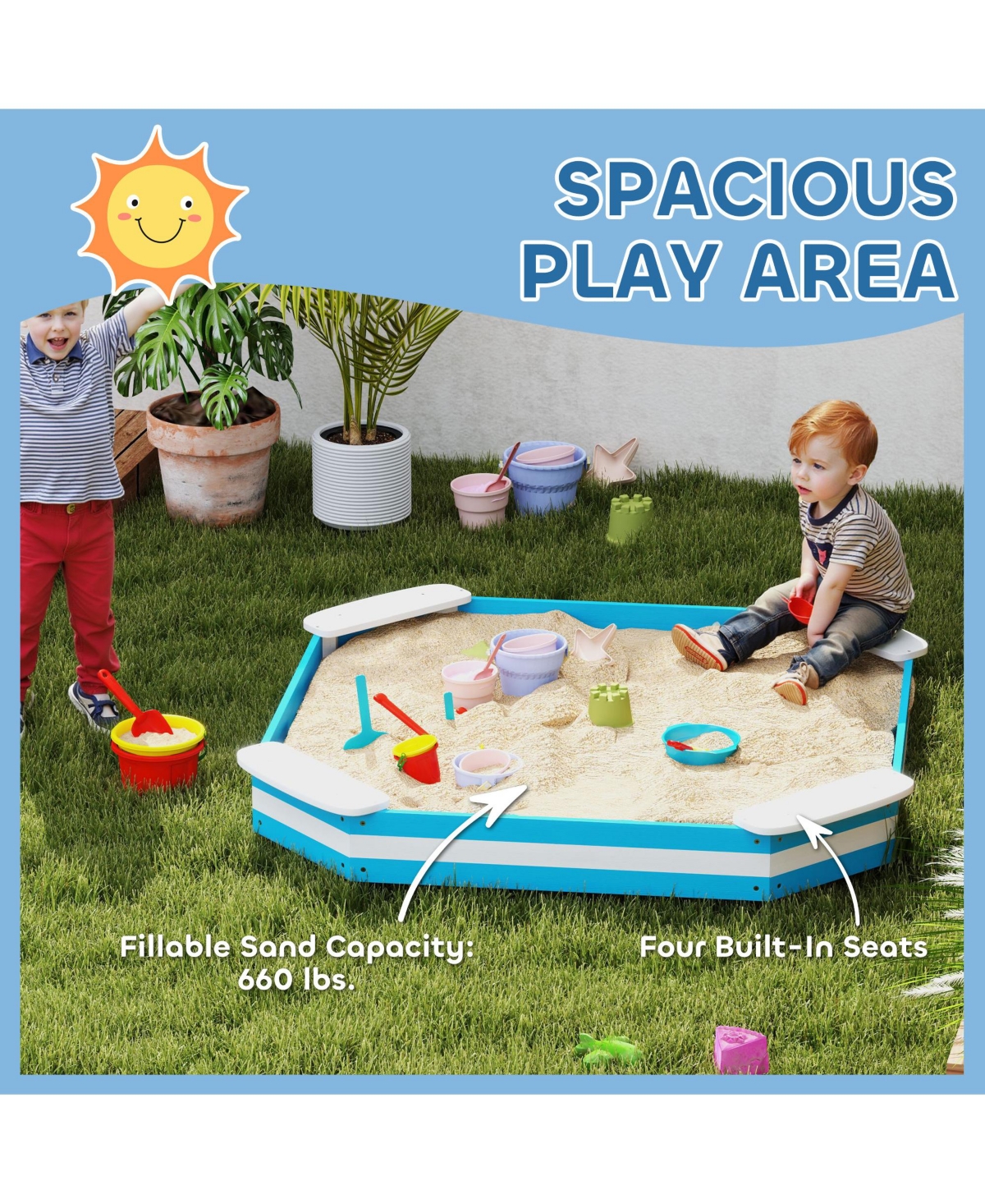 Qaba Kids box, Wooden Pit w/ 4 Corner Seats, Bottom Liner