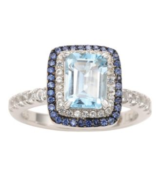 Suzy Levian Sterling Silver Emerald Cut Topaz and Sapphire Double Halo Ring