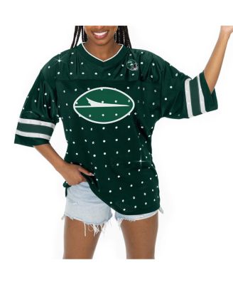 Women's Green New York Jets Kickoff Time Allover Rhinestone Sports Stripe Jersey V-Neck T-Shirt