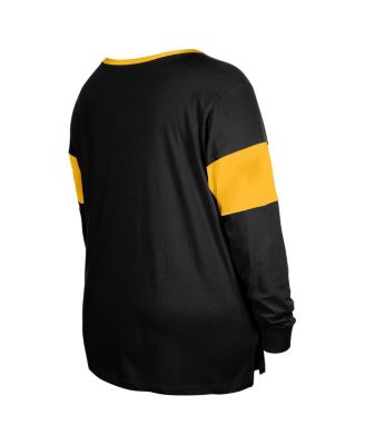 Women's Black Pittsburgh Steelers Plus Size Lace-Up Notch Neck Long Sleeve T-Shirt