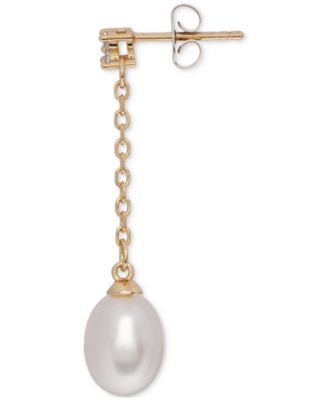Cultured Freshwater Pearl (7x9mm) & Cubic Zirconia Linear Chain Drop Earrings in 18k Gold-Plated Sterling Silver