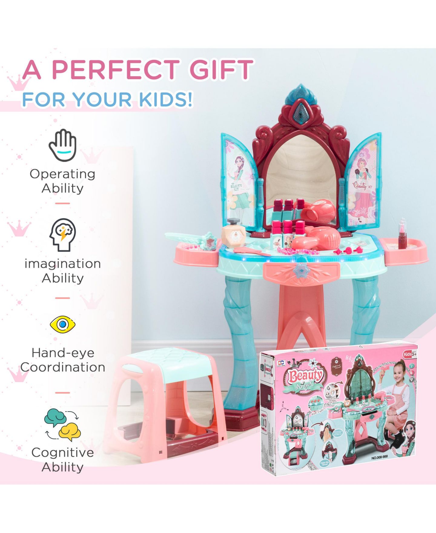 Детская игрушка Qaba Kids Vanity Table and Stool for 3-Year-Olds — фото 7