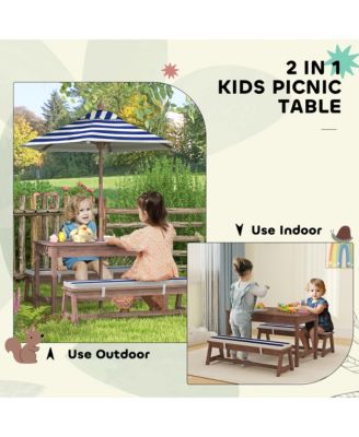 Kids Picnic Table, Wooden Table & Bench Set w Cushions, Umbrella,