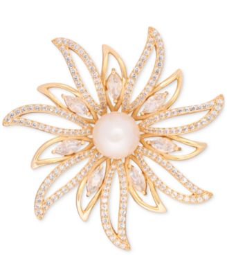 Macy's - Cultured Freshwater Pearl (9-1/2mm) & Cubic Zirconia Sunburst Convertible Pin to Pendant in 18K Gold-Plated Sterling Silver